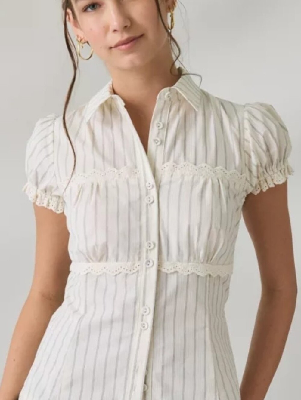 Button-Down Cream Pinstripe Lace-Trim Blouse
